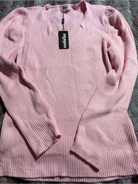zeagoo Pink Ribbed V-Neck Sweater Top